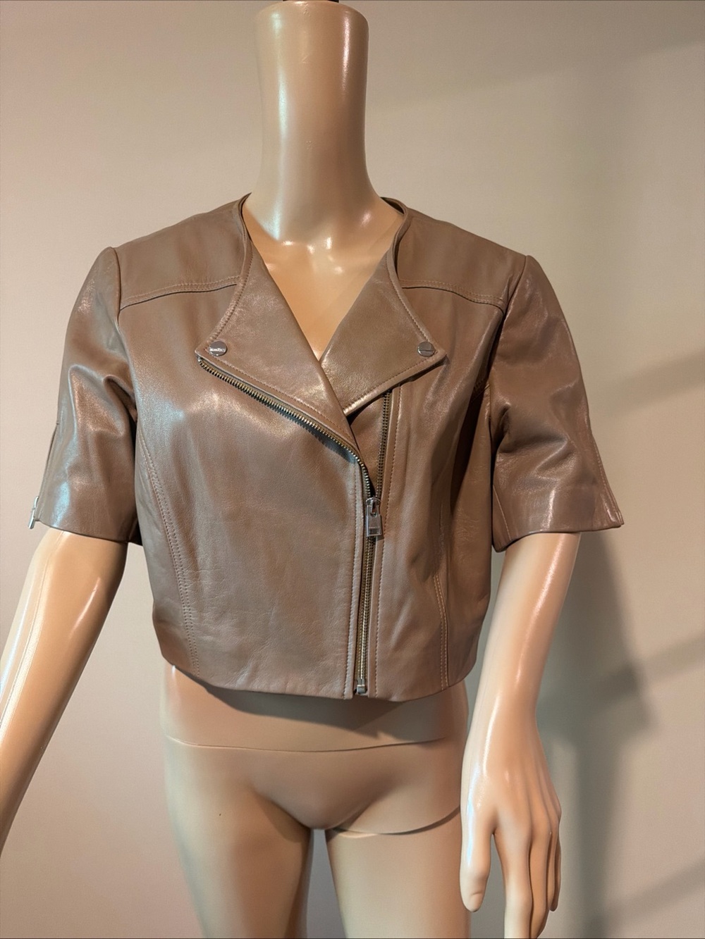 Lamarque Women's Cropped Leather Moto Jacket - Taupe Size Large